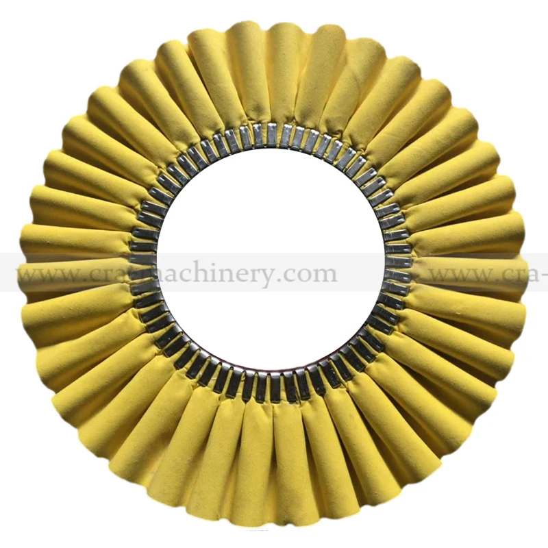 Bias fabric corrugated polishing buff with visible corrugated weave and iron clinch ring