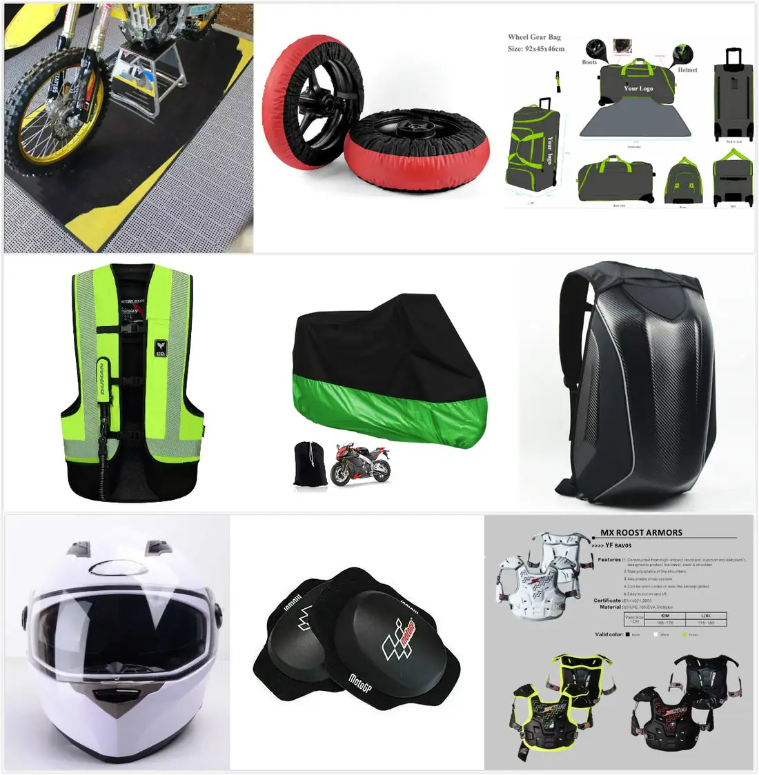 Creease motorcycle accessories range: tyre warmers, wheeled gear bag, safety vest, bike cover, backpack, helmet, knee guard, body armour