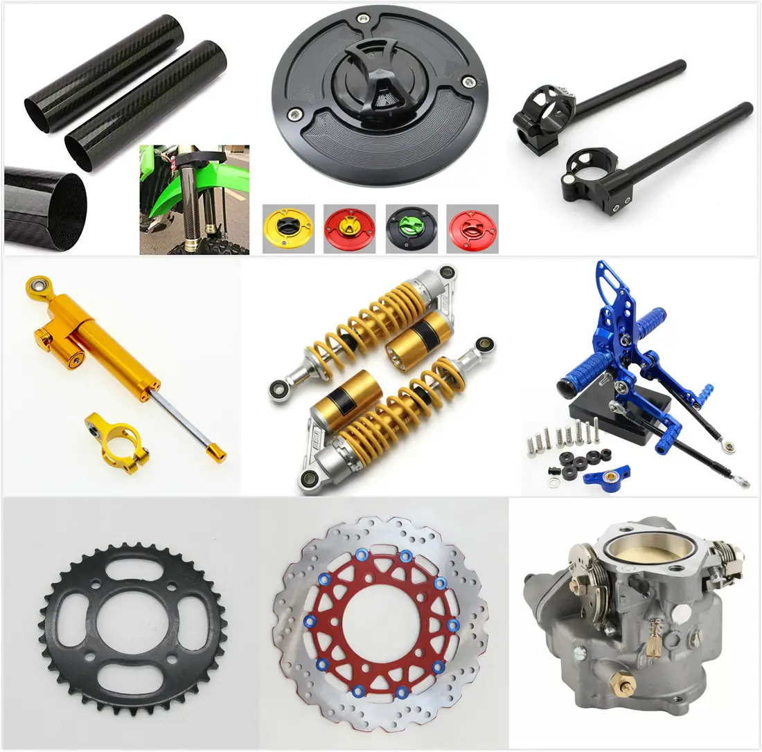 Creease motorcycle parts range: grips, fuel cap, clip-ons, brake discs, steering damper, shocks, rearsets, sprocket