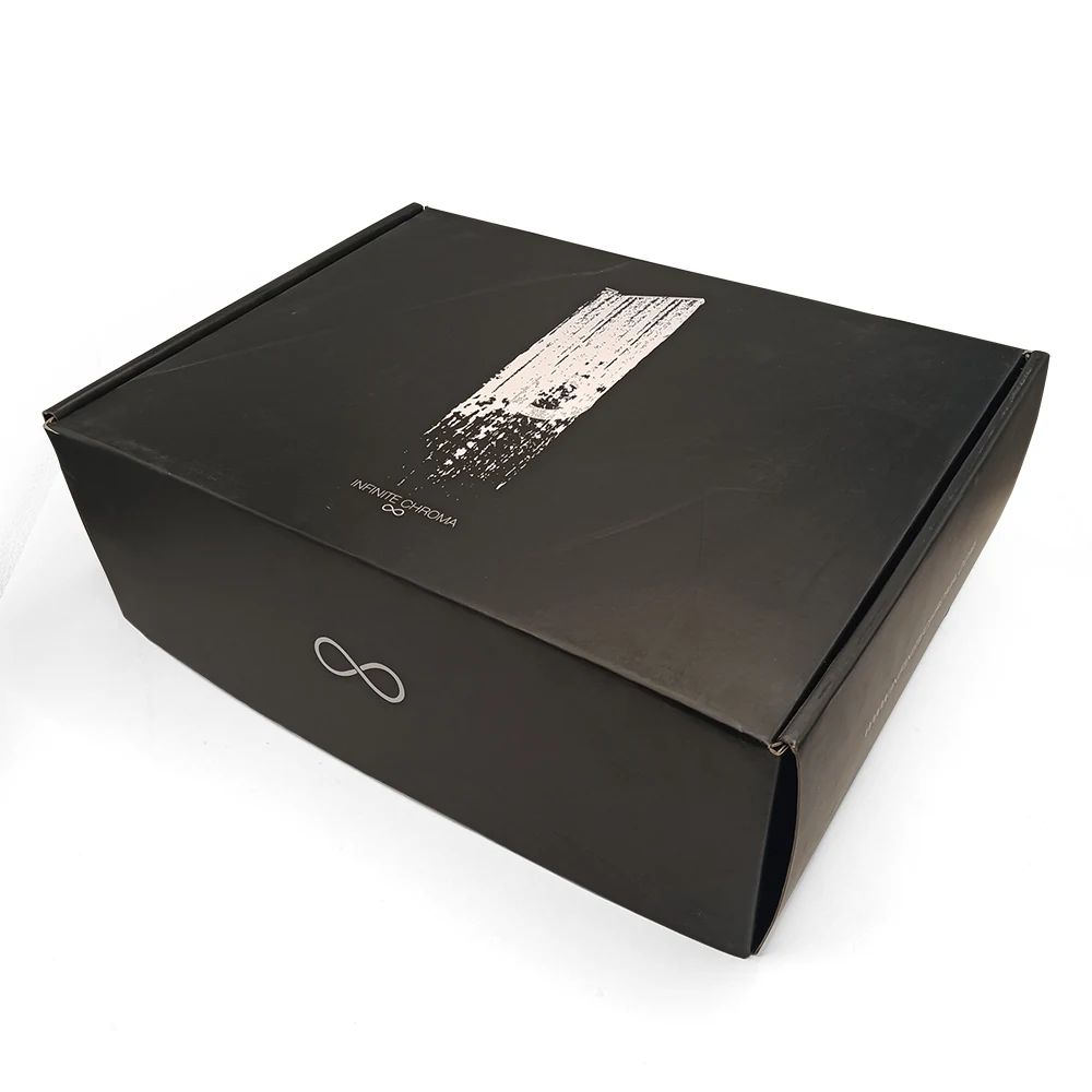 Black corrugated mailer shown open
