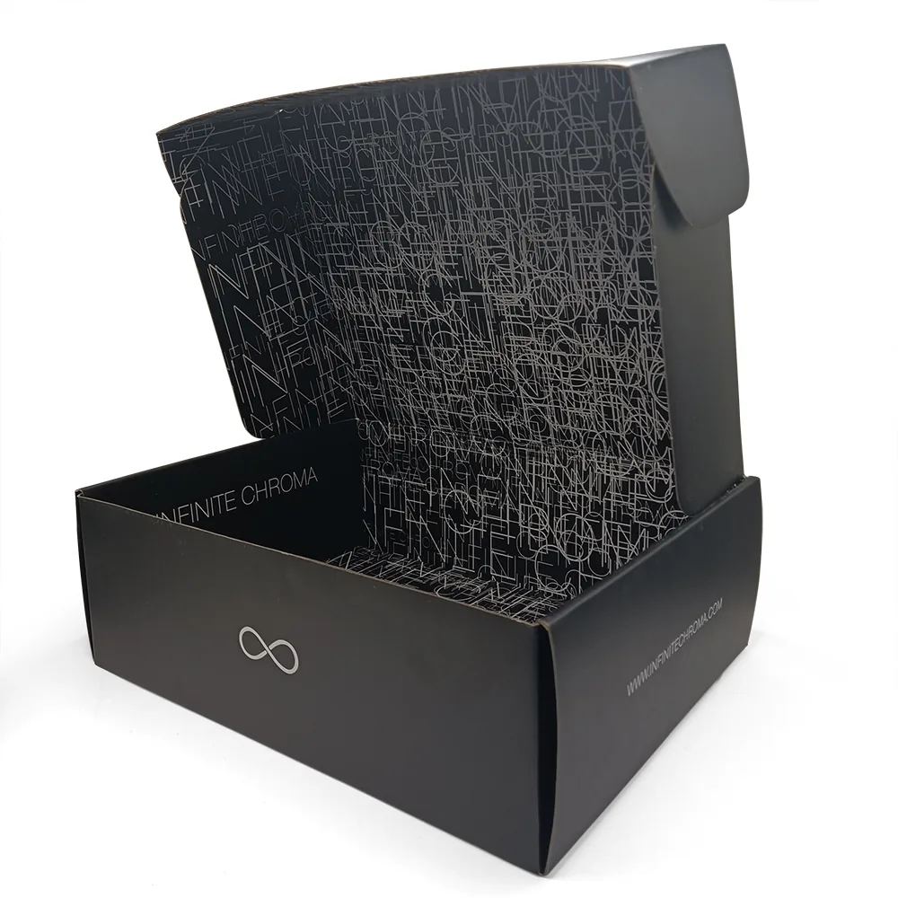 Black corrugated shipping box with printed logo
