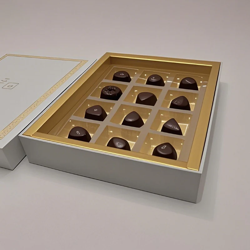 Chocolate packaging box with clear PVC insert holding pralines
