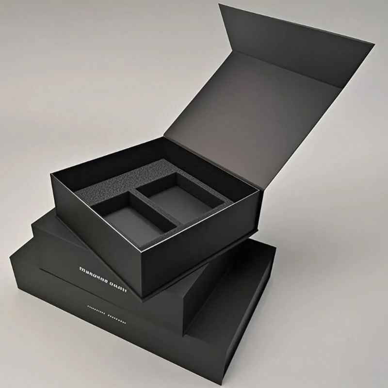 Book-shaped rigid box opened flat on a surface