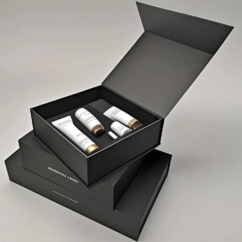 Black book-shaped magnetic cosmetic box open with beauty products inside