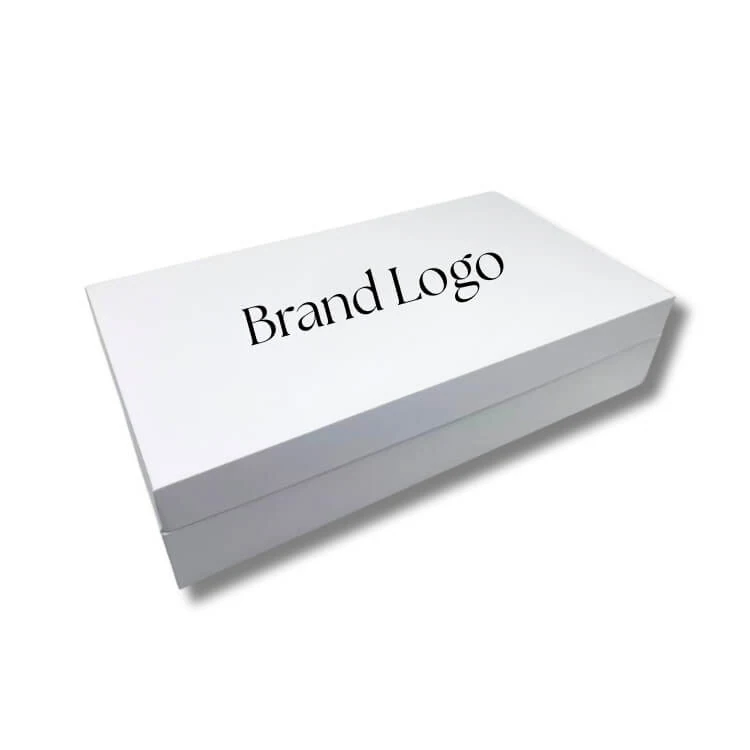 Rigid perfume packaging box shown closed with foil logo