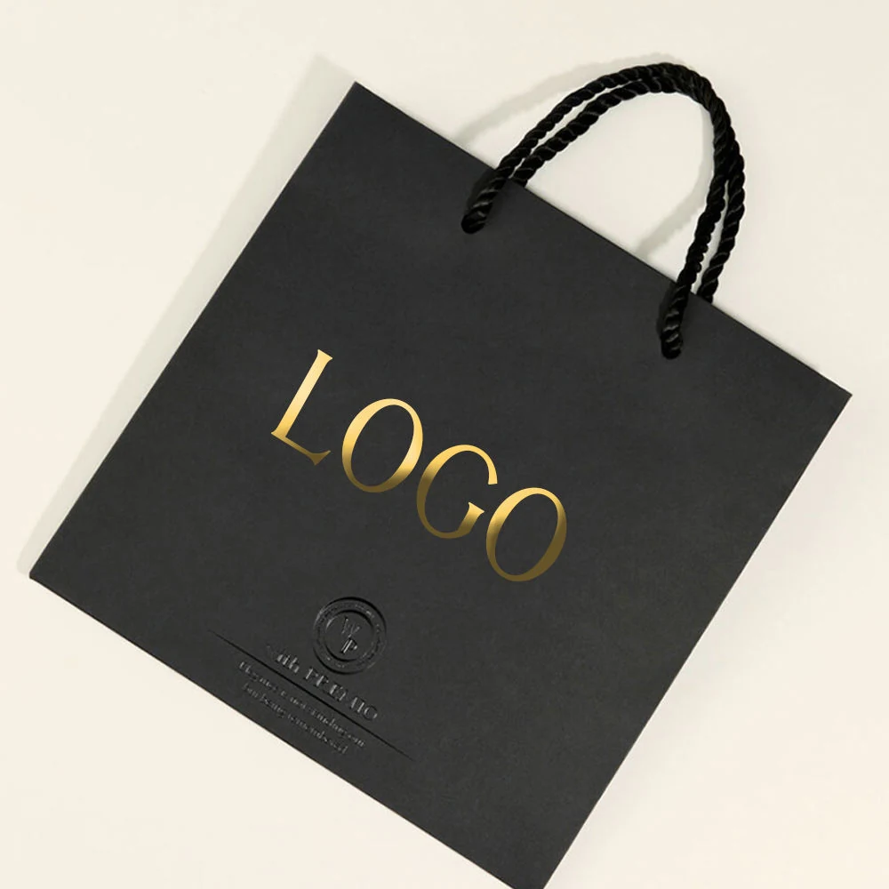White paper packaging bag shown from the front with brand logo