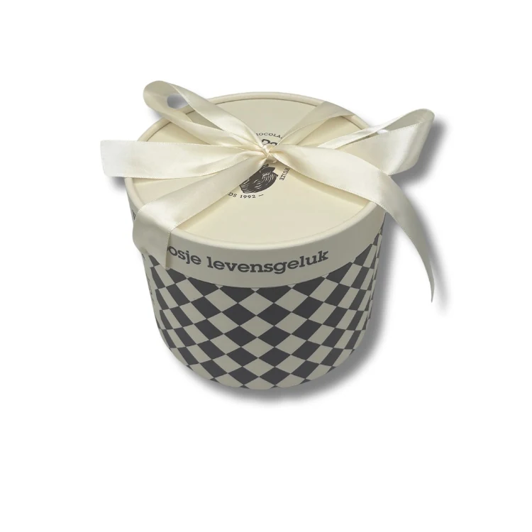 Custom printed round chocolate box on a counter