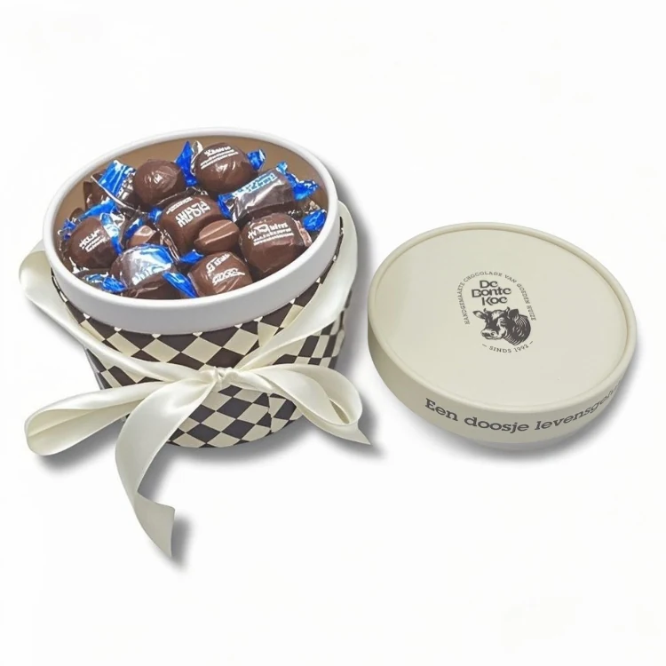 Round chocolate paper box with lid and fitted tray