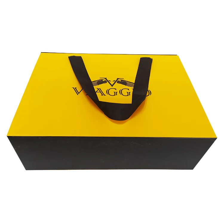 Folding gift box with ribbon handle assembled