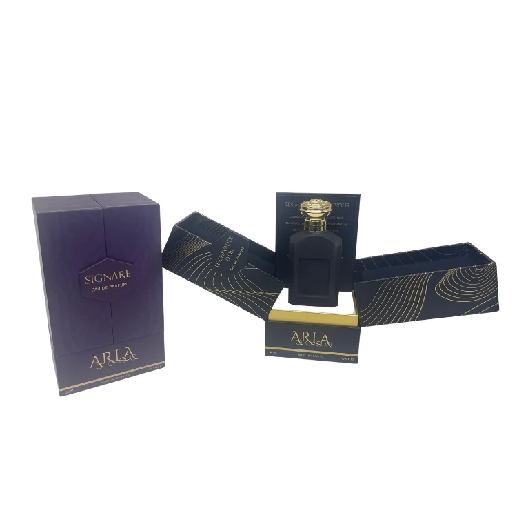 Double door perfume gift box open with the bottle standing inside