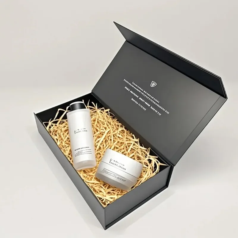 Open magnetic gift box with products held in a fitted insert