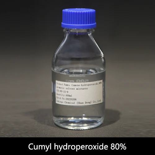 Cumyl hydroperoxide DKS L-80 sample in a clear laboratory bottle