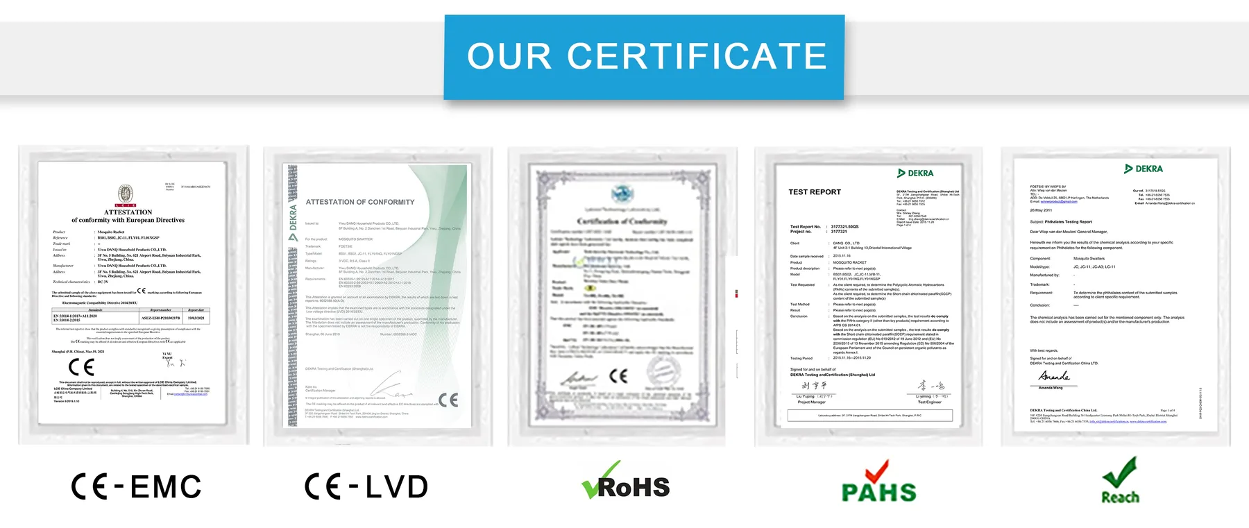 The five certificates and test reports held by Yiwu DANQ Household Products