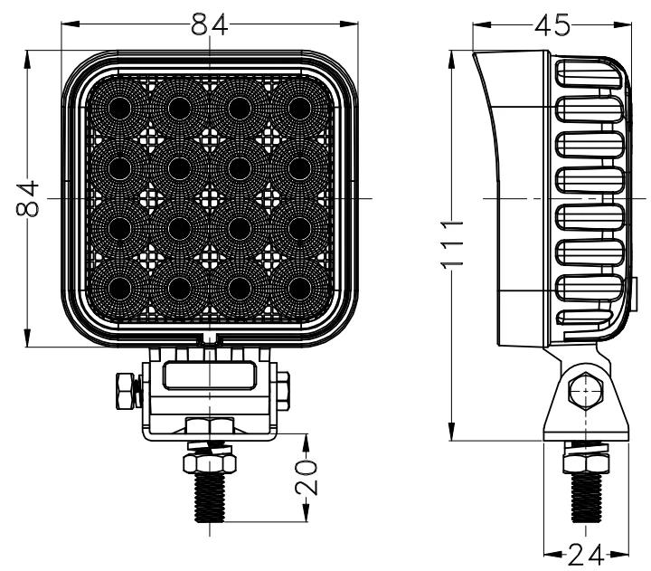 3.5 inch 48W Square LED Work Light Emark mounting and connector detail