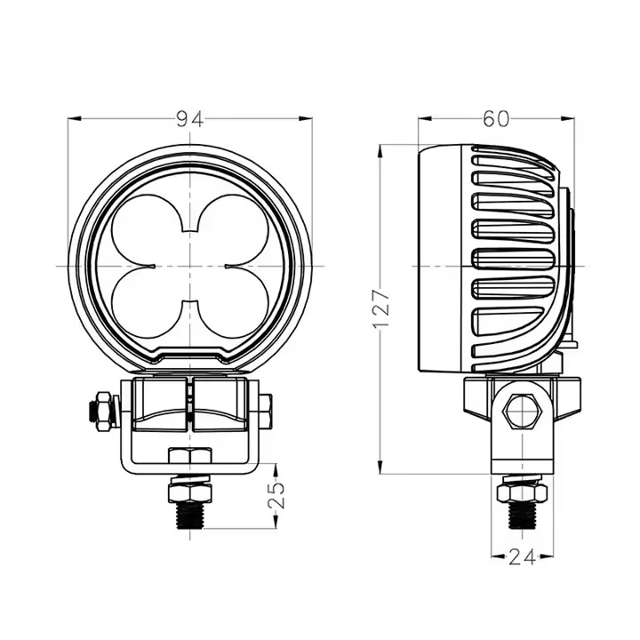 3.5inch 50W Round LED Work Light for tractor, truck or excavator mounting and connector detail