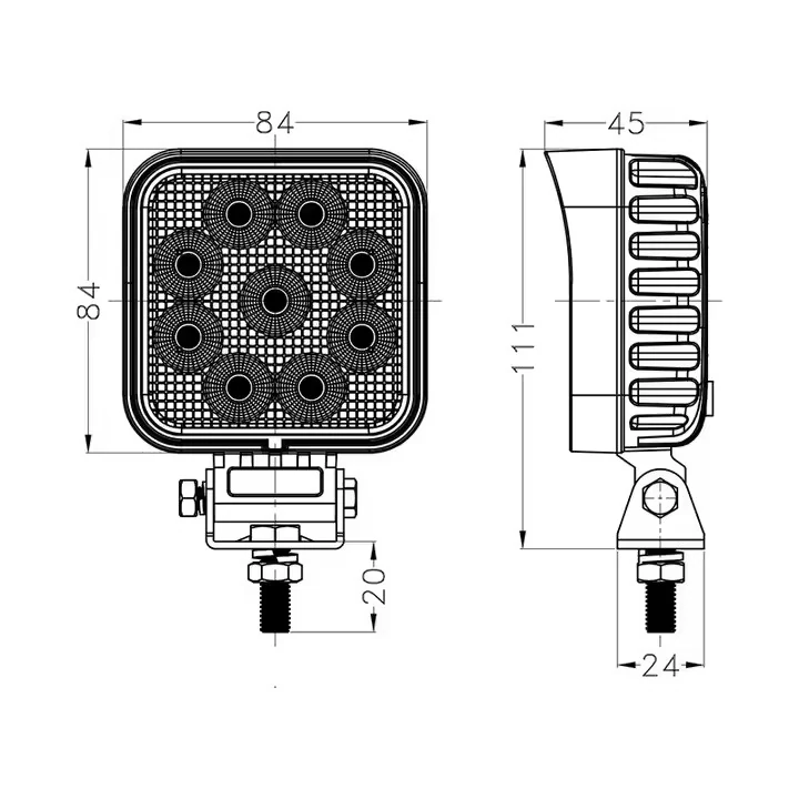 36W R10 LED WORK LAMP mounting and connector detail
