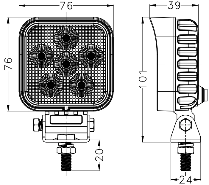 3inch R10 24W Led Work Lamp Square mounting and connector detail