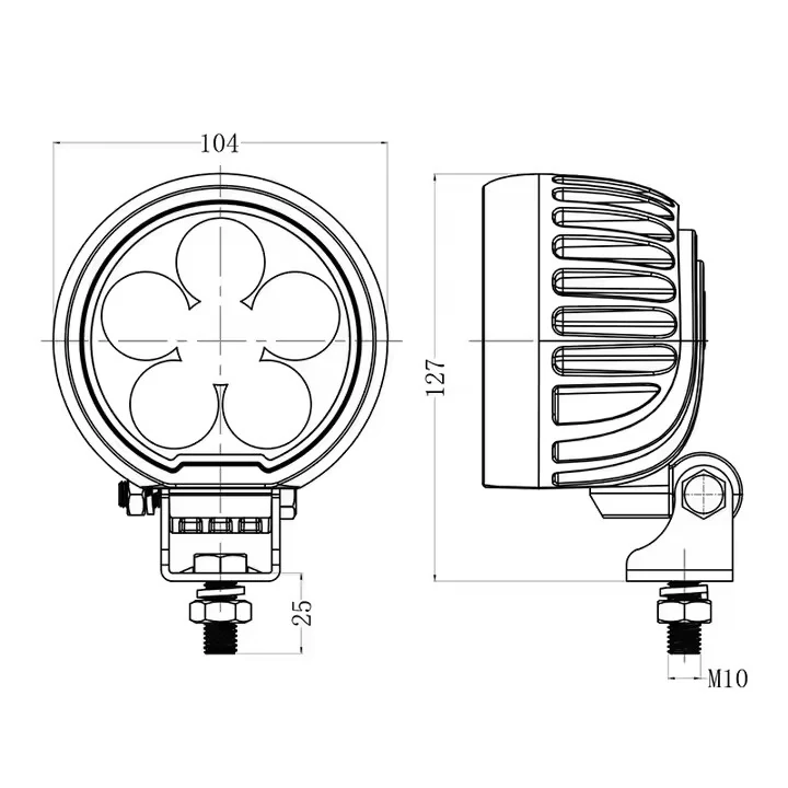 4inch 60W Round LED Work Lamp for Agricultural & Construction Machinery mounting and connector detail