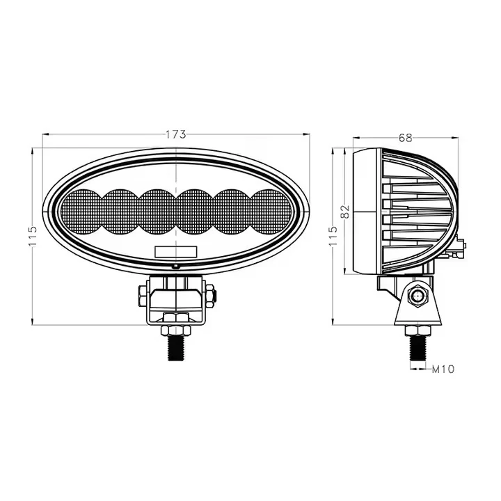7inch 60W Oval LED work light tractor light John Deere ,Case IH,JCB mounting and connector detail