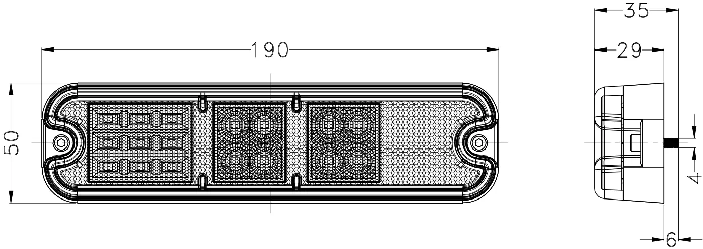 R10 24W /1960lm/10-110V Tail Light Reverse+steering+driving+braking beam pattern housing and bracket detail