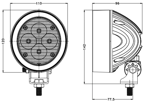 Swivel Mount New Round 60W LED Work Light Agricultural Light Tractor Light with high efficiency LED technology mounting and connector detail