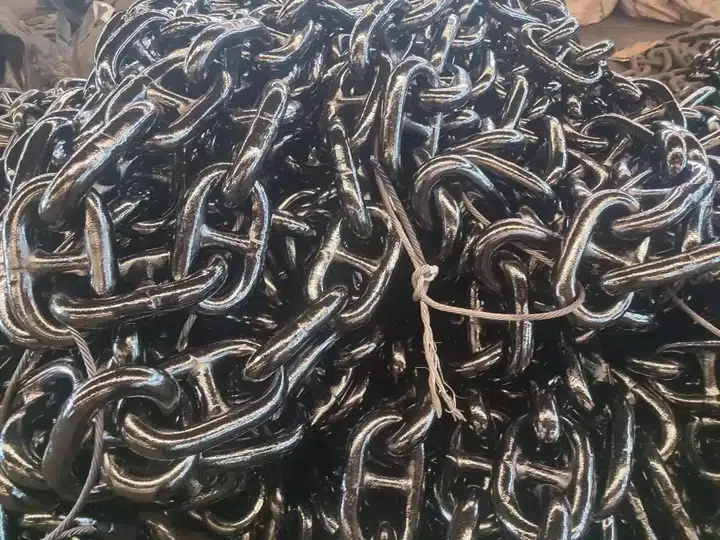 Stud link anchor chain stacked in the Qingdao yard
