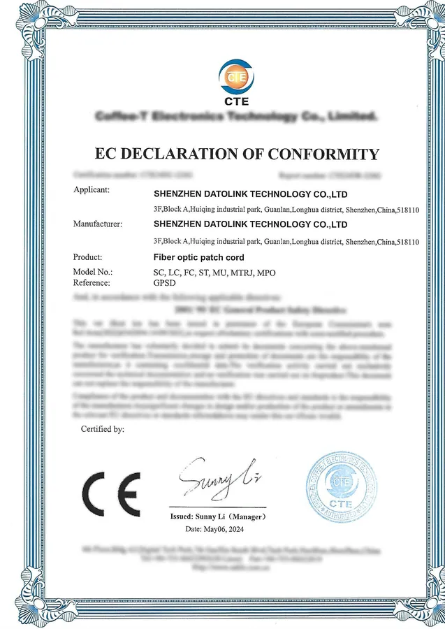 CE Certificate — Fiber Optic Patch Cord