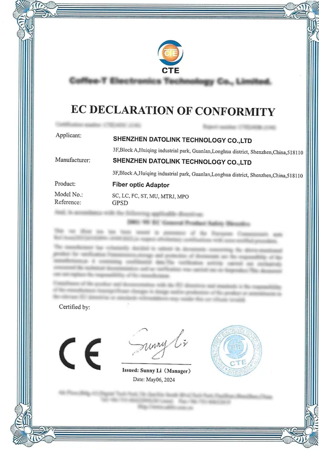 CE Certificate — Fiber Optic Adaptor