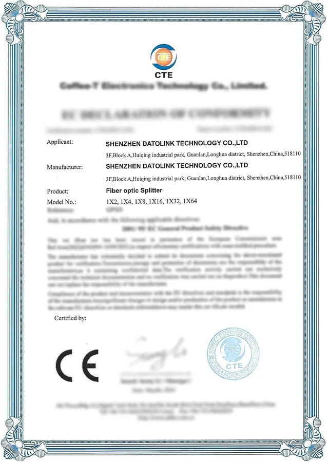 CE Certificate — PLC Splitter