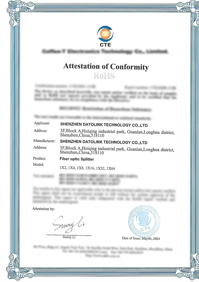 RoHS Certificate — PLC Splitter