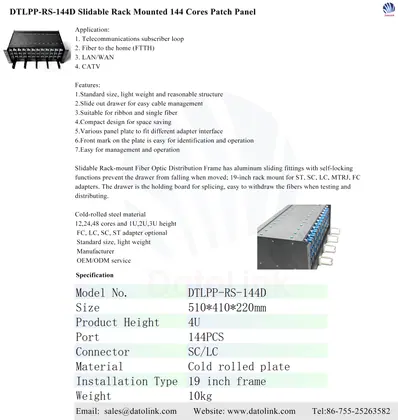 DTLPP-RS-144D Slidable Rack Mounted 144 Cores Patch Panel image 4