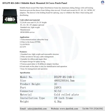 DTLPP-RS-24B-1 Slidable Rack Mounted 24 Cores Patch Panel image 3