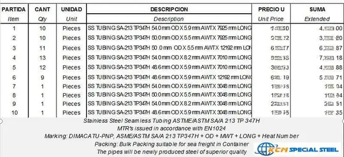 ASTM A213 TP347H Stainless Steel Pipe to Mexico
