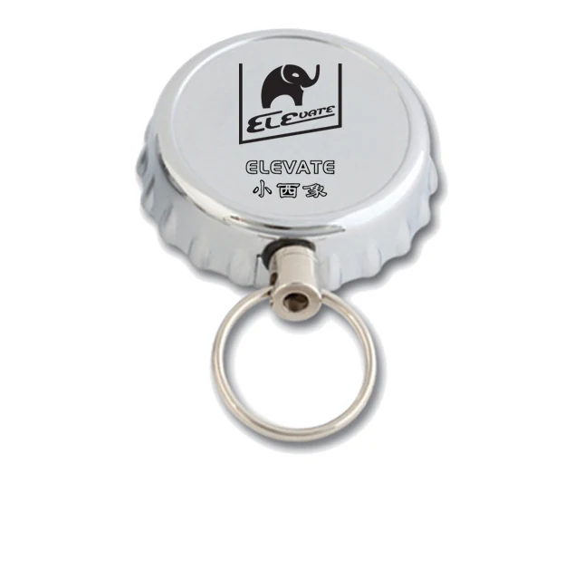 Metal ELEVATE bottle cap retractable key reel with 30 mm clip and metal loop, shown in profile with cord extended