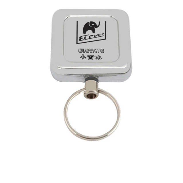 Square metal ELEVATE retractable key reel with 30 mm clip and 30 mm loop, showing the 29.5 x 29.5 mm recess and 60 cm cord