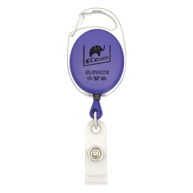 Oval plastic ELEVATE retractable badge reel in black with belt clip and clear PVC card strap