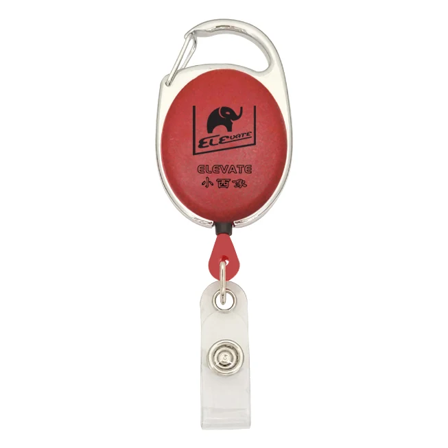 Oval plastic ELEVATE retractable badge reel in red with belt clip and clear PVC card strap