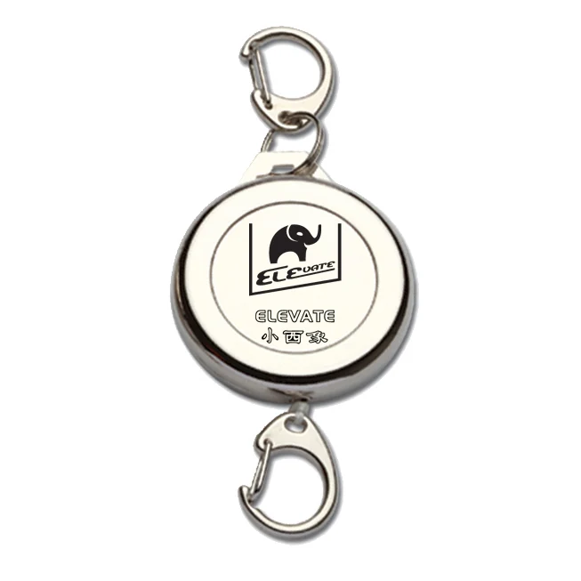 Metal ELEVATE retractable ski pass holder in silver with metal hook and belt clip