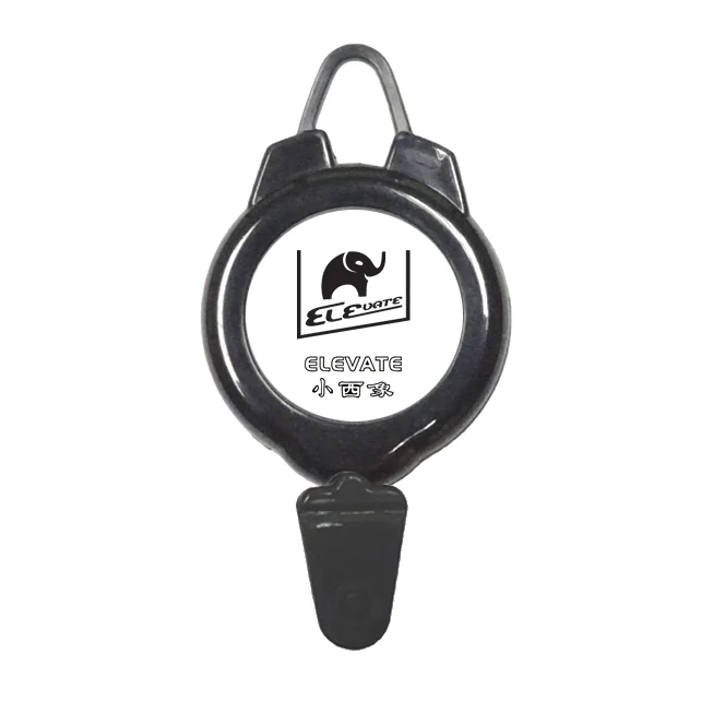 Black plastic ELEVATE retractable ski pass holder with plastic hook and clear nylon cord