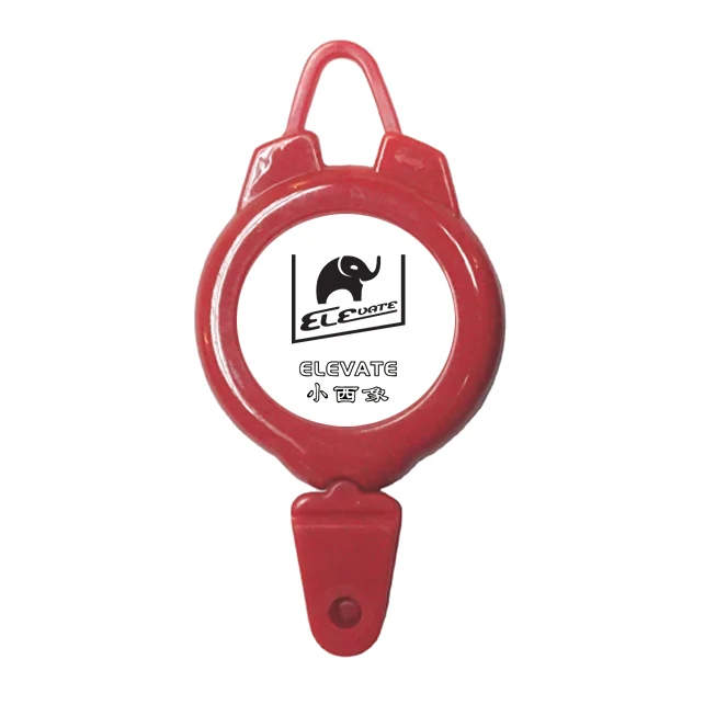 Red plastic ELEVATE retractable ski pass holder with plastic hook and clear nylon cord
