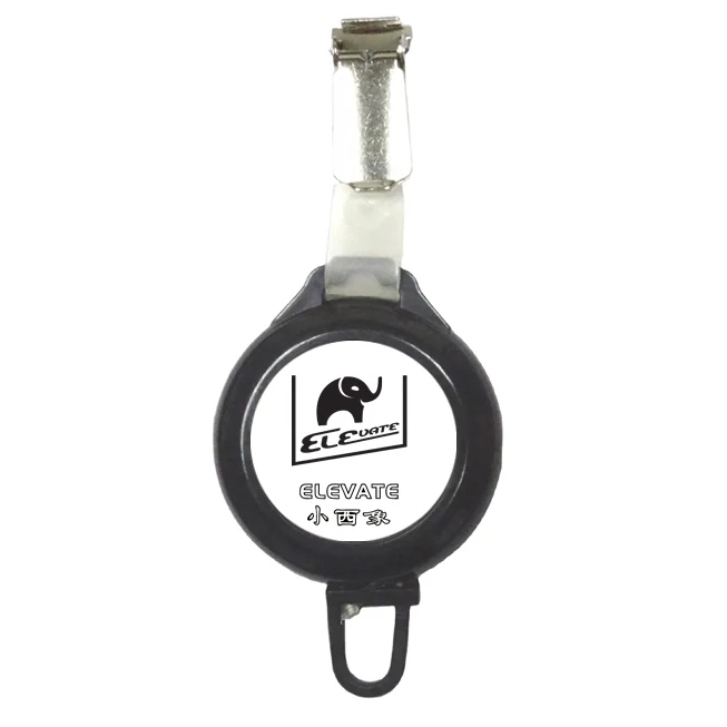 Black plastic ELEVATE retractable ski pass holder with plastic hook clip and 80 cm cord