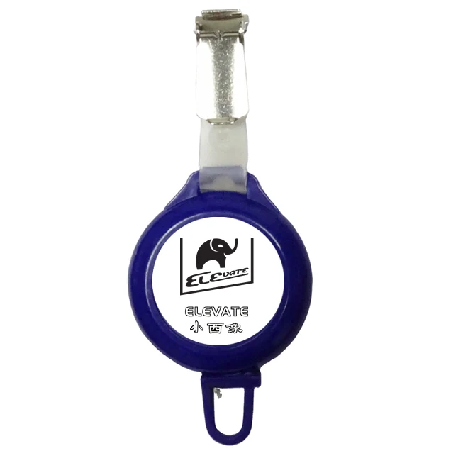 Blue plastic ELEVATE retractable ski pass holder with plastic hook clip and 80 cm cord
