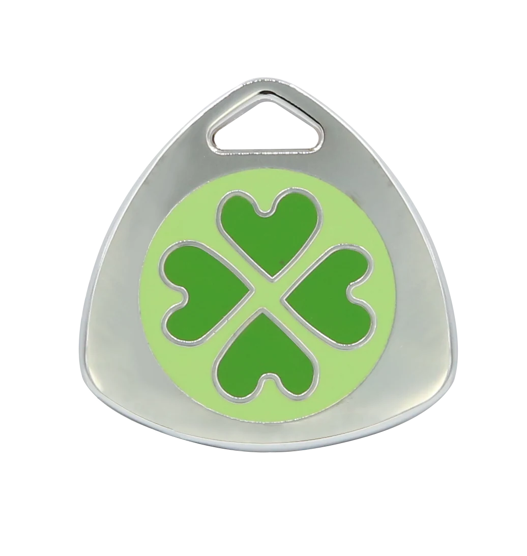 Pet ID tag with a heart-shaped logo and dog name engraved