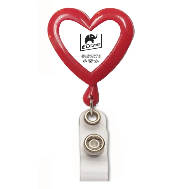 Heart-shaped plastic ELEVATE retractable badge reel with belt clip and clear PVC card strap