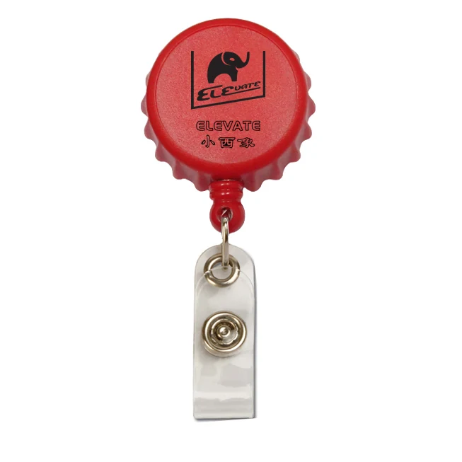 Red plastic ELEVATE bottle cap badge reel with belt clip and clear PVC card strap