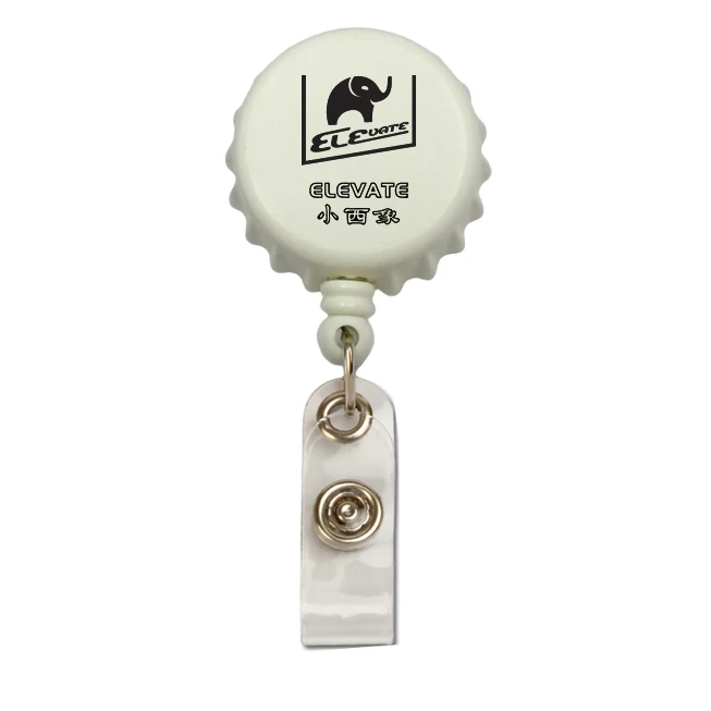 White plastic ELEVATE bottle cap badge reel with belt clip and clear PVC card strap