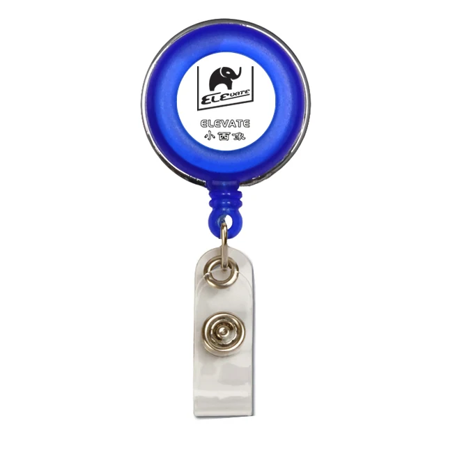 Round plastic ELEVATE retractable badge reel with belt clip and clear PVC card strap