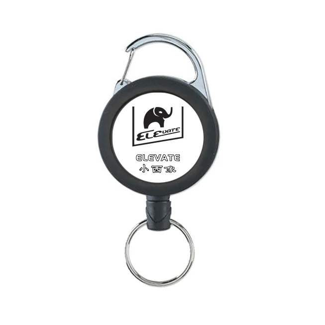Black ELEVATE heavy duty locking retractable key reel with 30 mm metal clip and 120 cm cord