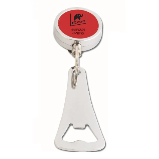 Round retractable bottle opener reel with metal opener and 30 mm twin loop clip, mounted on a white background