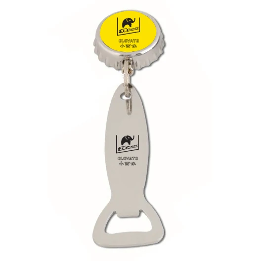 Round retractable bottle opener reel with 47 mm zinc alloy housing, 30 mm twin loop clip, metal bottle opener, and 60 cm nylon cord
